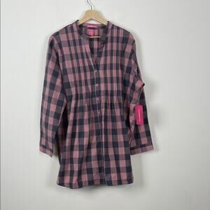 Woman Within Button Down Pleated Pink and Blue Women's 1X Plaid V Neck Tunic Top